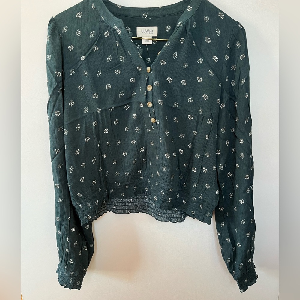 Floral green UpWest cropped cinched waist long sleeve top